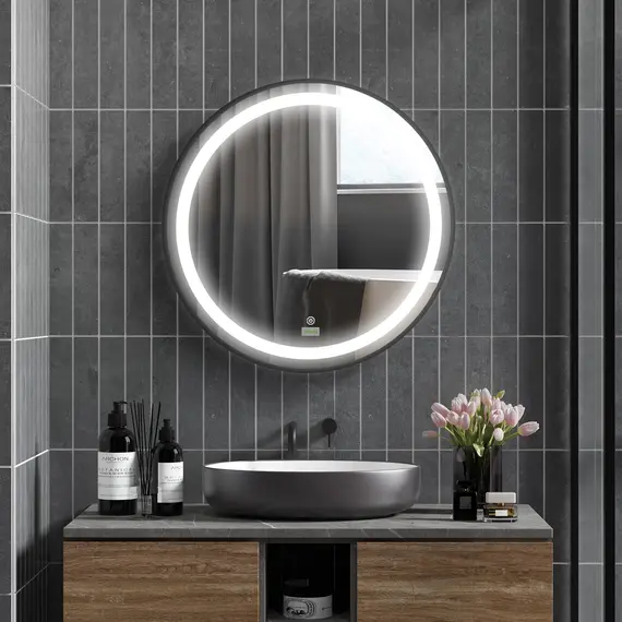 Buy Round LED Bathroom Mirror, Dimmable Lighted Wall-Mounted Mirror with 3 Temperature Colours, Memory Function, Hardwired, 2 image