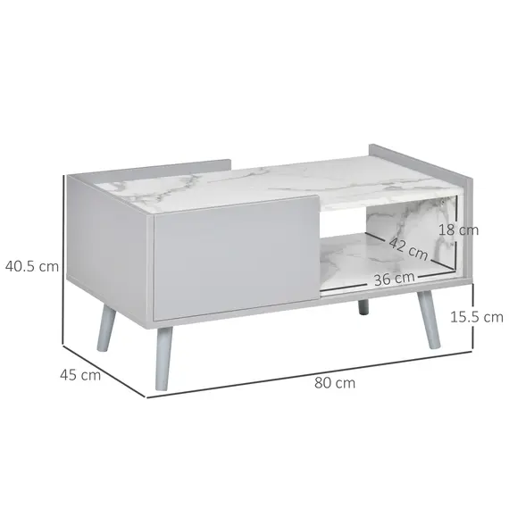 Buy White Coffee Table with Faux Marble Top, 2-Tier Wood Center Table Sofa Table with Storage Drawer and Shelf for Home Living Room Reception Room, 3 image