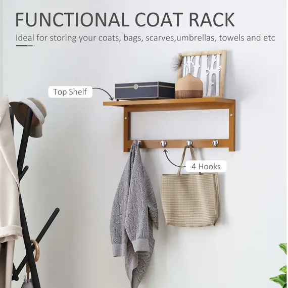 Buy Wall Mounted Coat Clothes Hat Hanger 4 Hooks Rack Stand with Rail & Storage Shelf for Hallway Entryway Bedroom Bathroom, 4 image