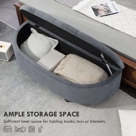 Buy Velvet-Feel Half Circle Storage Ottoman - Dark Grey, 4 image