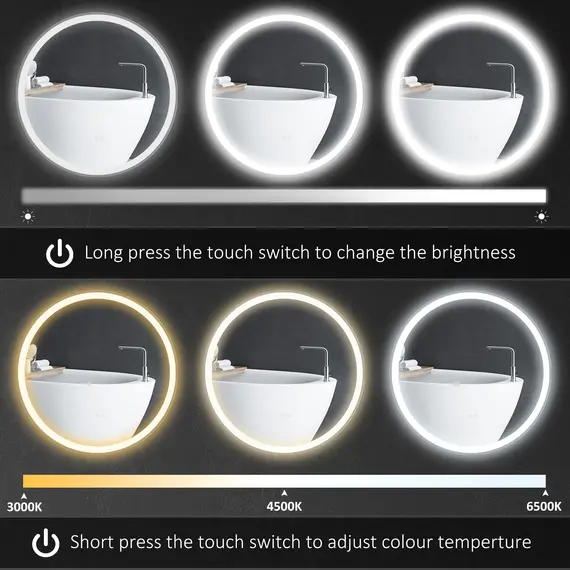 Buy Round Bathroom Mirror with LED Lights, Wall Mount Dimmable Makeup Mirror with 3 Temperature Colours, Defogging Film and Memory Function, Frameless, Hardwired, 60 x 60 cm, 5 image