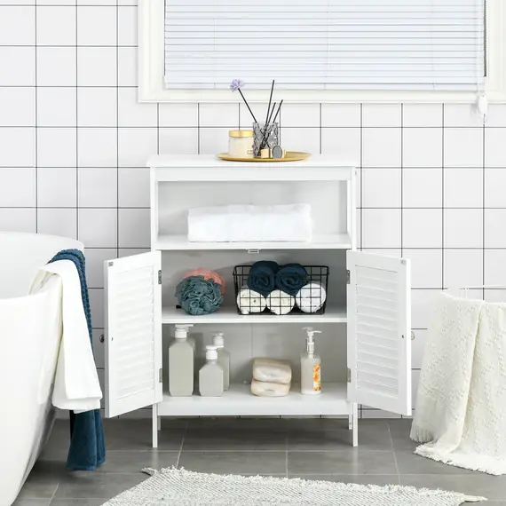 Buy Bathroom Storage Unit Cabinet with Open Storage Shelf, Freestanding Floor Cabinet Organizer with 2 Doors for Living Room Kitchen Entryway, White, 4 image