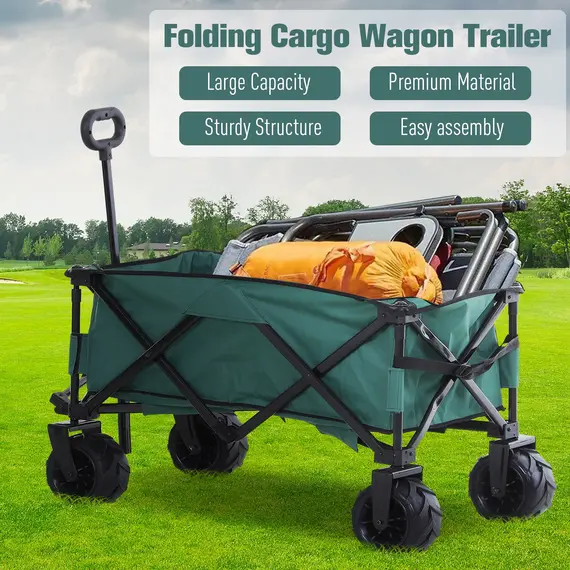 Buy 140L Festival Trolley on Wheels, Folding Camping Trolley Cart with Telescopic Handle, Big Wheels for Outdoor Garden Beach Fishing, Green, 6 image