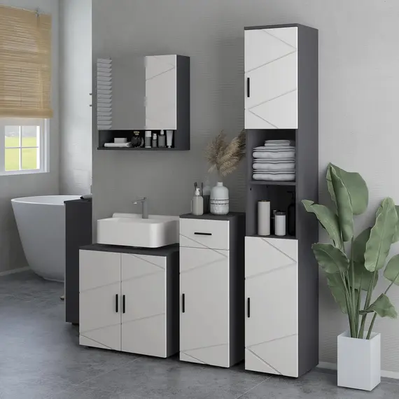 Buy Under Sink Bathroom Cabinet, Bathroom Vanity Unit, Basin Storage Cupboard with Double Doors and Shelf, 10W x 20Dcm "U" Cut-Out, Light Grey, 7 image