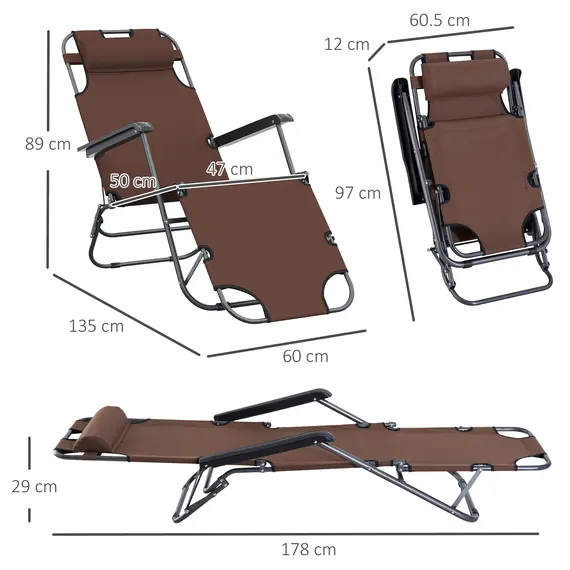 Buy 2 in 1 Sun Lounger Folding Reclining Chair Garden Outdoor Camping Adjustable Back with Pillow, Brown, 3 image