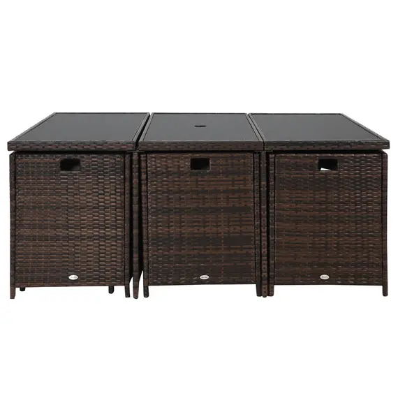 Buy 10 Seater Rattan Cube Garden Furniture Set with Parasol Hole, Rattan Dining Set with Cushions, Outdoor Dining Table and Chairs with Rectangular Glass Top Table for Patio, Mixed Brown, 8 image