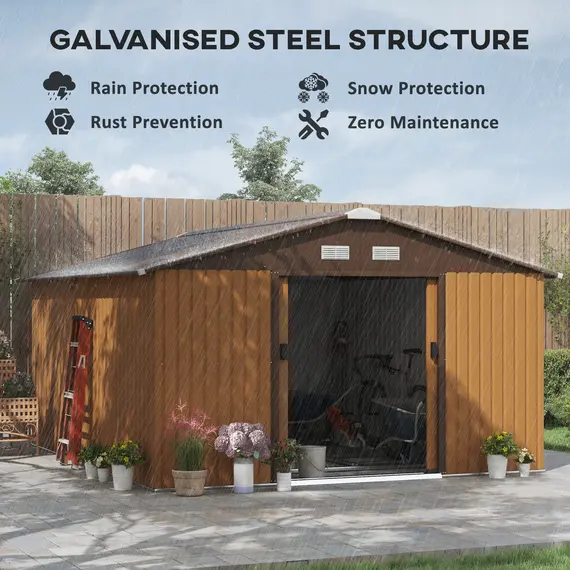 Buy 13 x 11ft Metal Garden Shed, Outdoor Storage Tool House with Ventilation Slots, Foundation Kit and Lockable Double Doors, Light Brown, 4 image