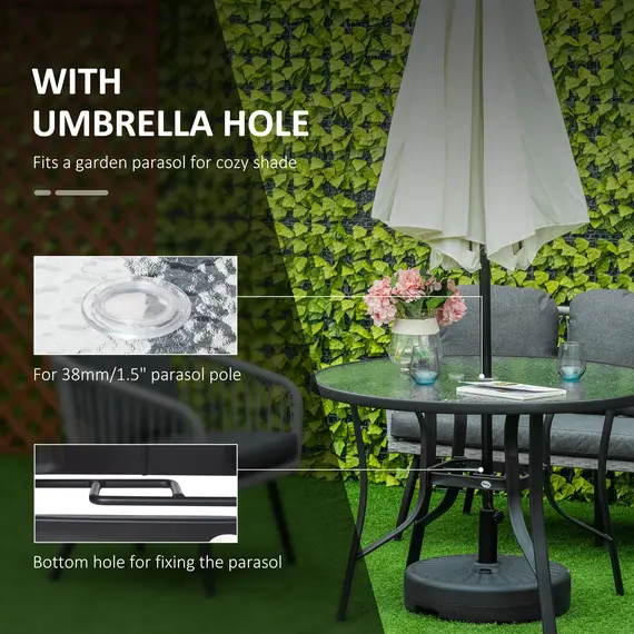 Buy 106cm Round Garden Dining Table with Parasol Hole Tempered Glass Top Steel Frame, 4 image