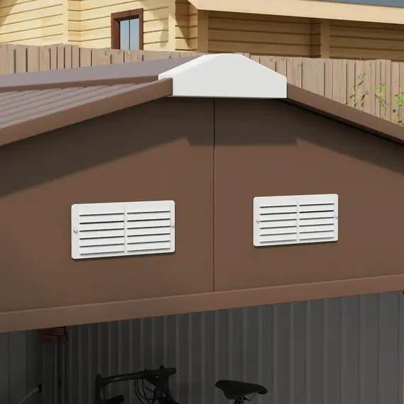 Buy 13 x 11ft Metal Garden Shed, Outdoor Storage Tool House with Ventilation Slots, Foundation Kit and Lockable Double Doors, Light Brown, 8 image