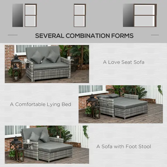 Buy 2 Seater Assembled Garden Patio Outdoor Rattan Furniture Sofa Sun Lounger Daybed with Fire Retardant Sponge - Grey, 5 image
