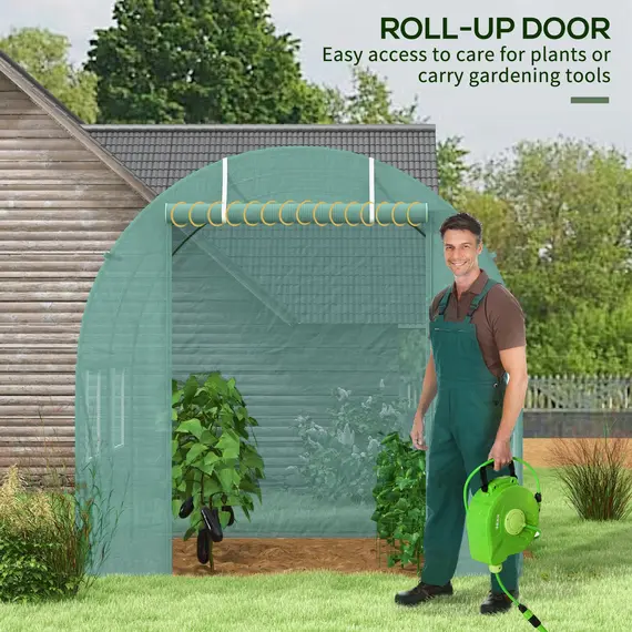 Buy 2.45 x 2m Polytunnel Greenhouse, Walk-in Greenhouse with Large Roll-Up Door & Windows, Plastic Cover, Steel Frame, Easy Access & Ventilation, Green, 5 image