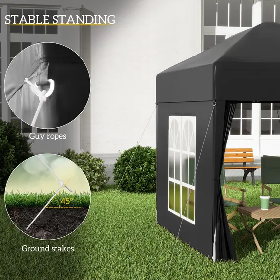 Buy 2 x 2 m Garden Pop Up Gazebo, Wedding Party Tent Marquee, Water Resistant Awning Canopy with Sidewalls, Windows, Carry Bag, Black, 6 image