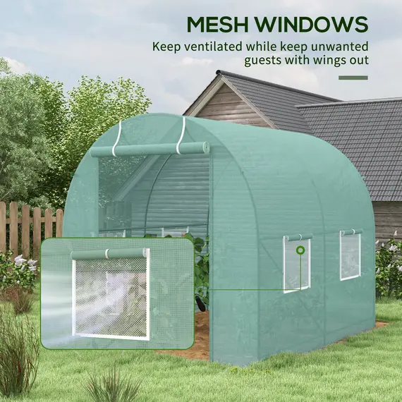 Buy 2.45 x 2m Polytunnel Greenhouse, Walk-in Greenhouse with Large Roll-Up Door & Windows, Plastic Cover, Steel Frame, Easy Access & Ventilation, Green, 6 image