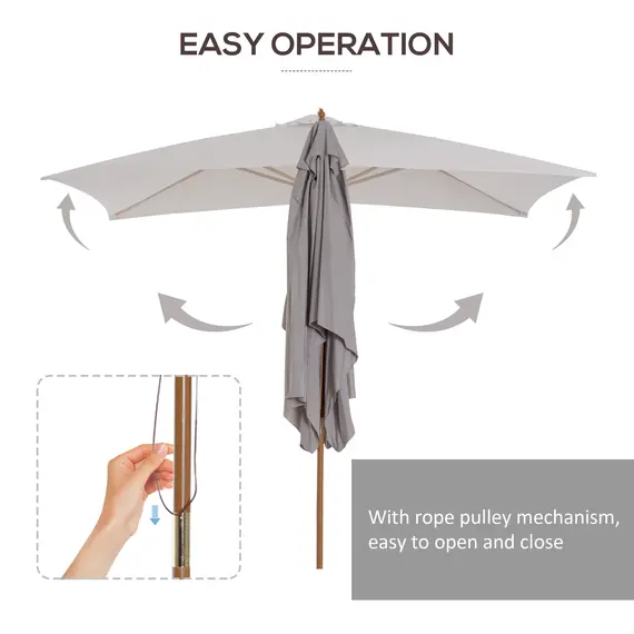 Buy 2 x 3m Wooden Garden Parasol Umbrella Outdoor Sun Shade Canopy, Table Market Umbrella with Vent, 38 mm Pole, Rope Pulley Mechanism, Light Grey, 4 image