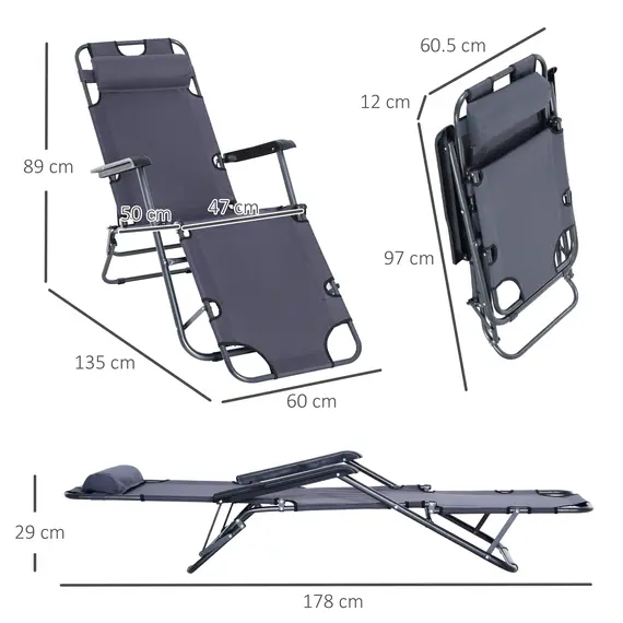 Buy 2 Pieces 2 in 1 Sun Lounger Folding Reclining Chair Garden Outdoor Camping Adjustable Back with Pillow, Grey, 3 image