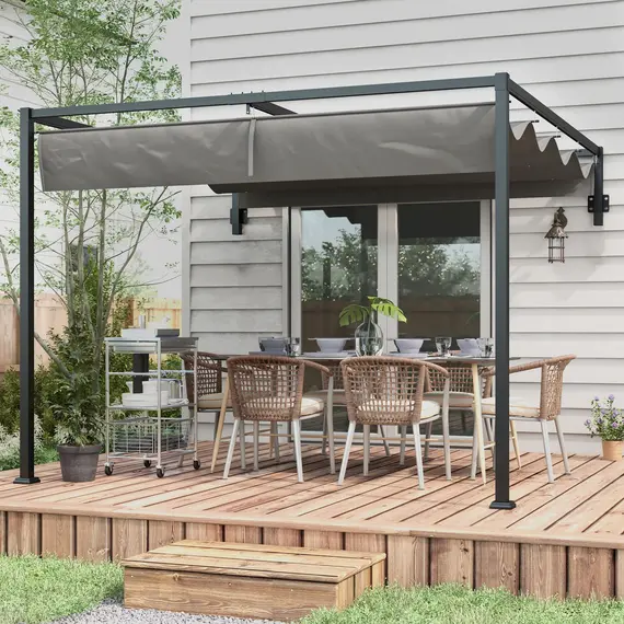 Buy 2 x 3(m) Lean To Steel Pergola, with Moving Fabric Canopy - Dark Grey, 8 image