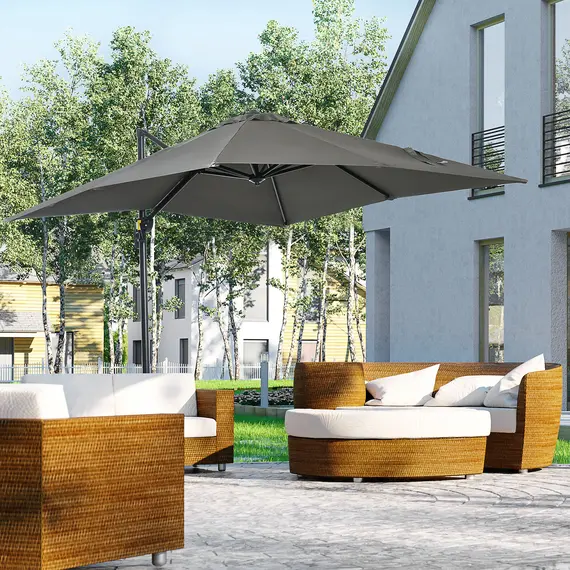 Buy 2.5 x 2.5m Patio Offset Parasol Umbrella Cantilever Hanging Aluminium Sun Shade Canopy Shelter 360° Rotation with Crank Handle and Cross Base, Grey, 2 image