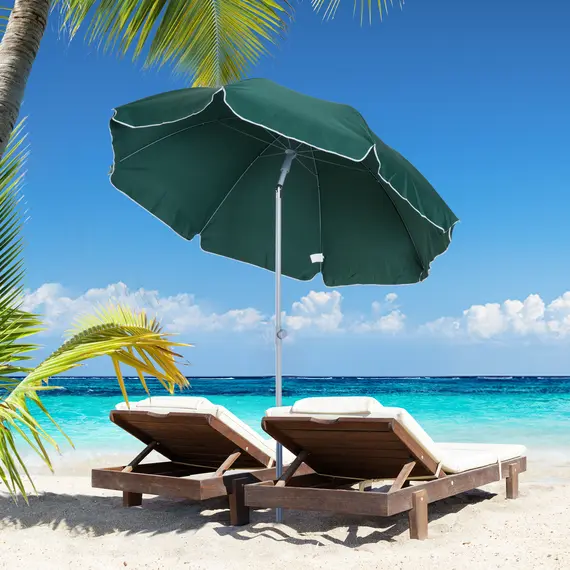 Buy 2.2m Beach Umbrella, Portable Parasol with Tilting Function, Outdoor Sunshade Shelter with 8 Ribs, Green, 2 image