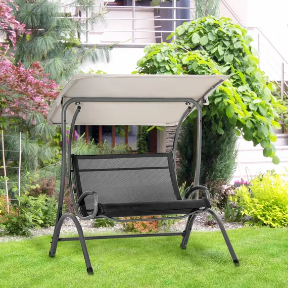 Buy 2 Seater Garden Swing Seat Double Bed Swing Chair Outdoor Hammock Bench w/ Adjustable Tilting Canopy, Texteline Seats and Steel Frame, Beige, 2 image