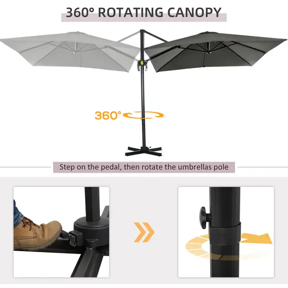Buy 2.5 x 2.5m Patio Offset Parasol Umbrella Cantilever Hanging Aluminium Sun Shade Canopy Shelter 360° Rotation with Crank Handle and Cross Base, Grey, 4 image