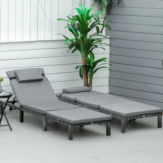 Buy 2 Pieces Outdoor PE Rattan Sun Loungers set of 2 with Cushion, Garden Wicker Sunbed Furniture with 5-Level Recliner Backrest, Grey, 2 image