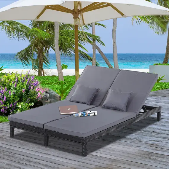 Buy 2 Seater Rattan Lounger Adjustable Double Chaise Chair Loveseat w/ Cushion Black, 2 image