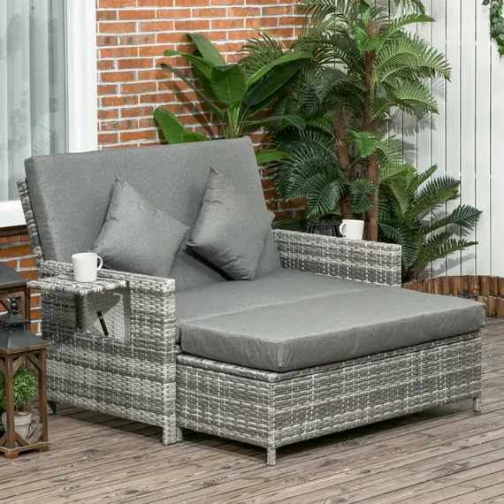 Buy 2 Seater Assembled Garden Patio Outdoor Rattan Furniture Sofa Sun Lounger Daybed with Fire Retardant Sponge - Grey, 2 image