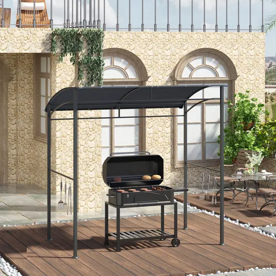 Buy 2.2 x 1.5 m BBQ Grill Gazebo Tent, Garden Grill with Metal Frame, Curved Canopy and 10 Hooks, Outdoor Sun Shade, Grey, 2 image
