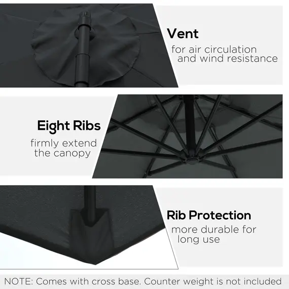Buy 2.45m Overhanging Cantilever Parasol, Heavy Duty Waterproof Garden Umbrella with Cross Base, Black, 5 image