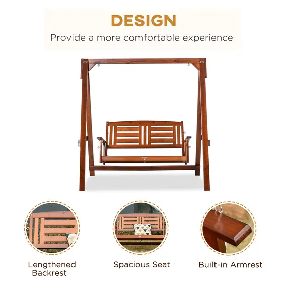 Buy 2 Seater Outdoor Garden Swing Chair Wooden Hammock Bench for Porch Patio Yard, 6 image