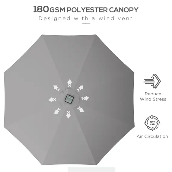 Buy 2.65m Garden Parasol, with LED Lights - Light Grey, 5 image