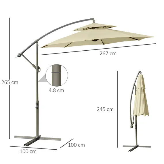Buy 2.7m Garden Banana Parasol Cantilever Umbrella with Crank Handle, Double Tier Canopy and Cross Base for Outdoor, Hanging Sun Shade, Beige, 3 image