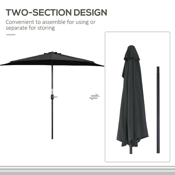 Buy 2.7m Garden Half Parasol, Outdoor Balcony Umbrella with 5 Steel Ribs, Patio Sun Shade, Black, 7 image