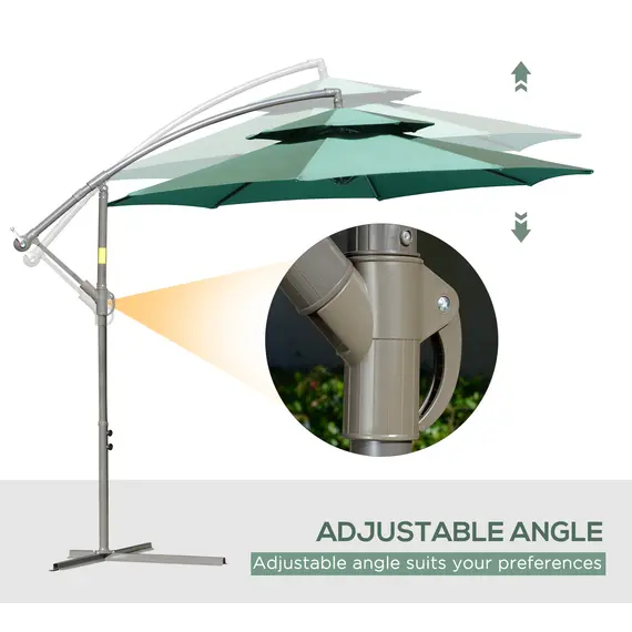Buy 2.7m Banana Parasol Cantilever Umbrella with Crank Handle, Double Tier Canopy and Cross Base for Outdoor, Hanging Sun Shade, Green, 4 image