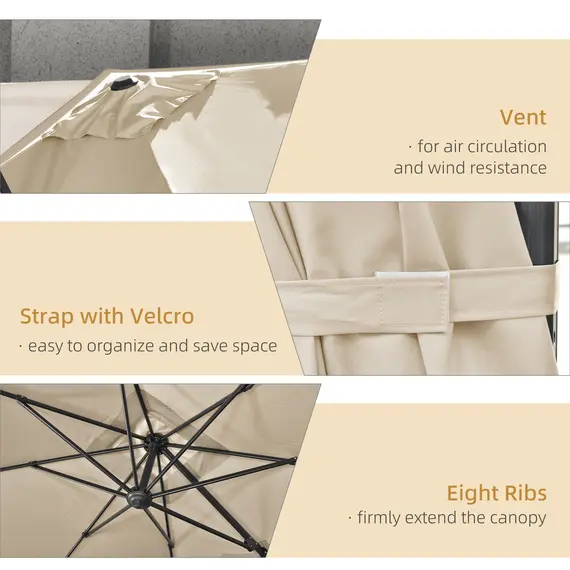 Buy 2.7 x 2.7 m Cantilever Parasol, Square Overhanging Umbrella with Cross Base, Crank Handle, Tilt, 360° Rotation and Aluminium Frame, Cream White, 6 image