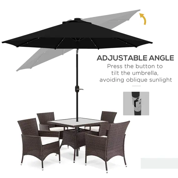 Buy 2.7m Outdoor Patio Garden Umbrella Parasol with Tilt Crank and 24 LEDs Lights, Black, 5 image