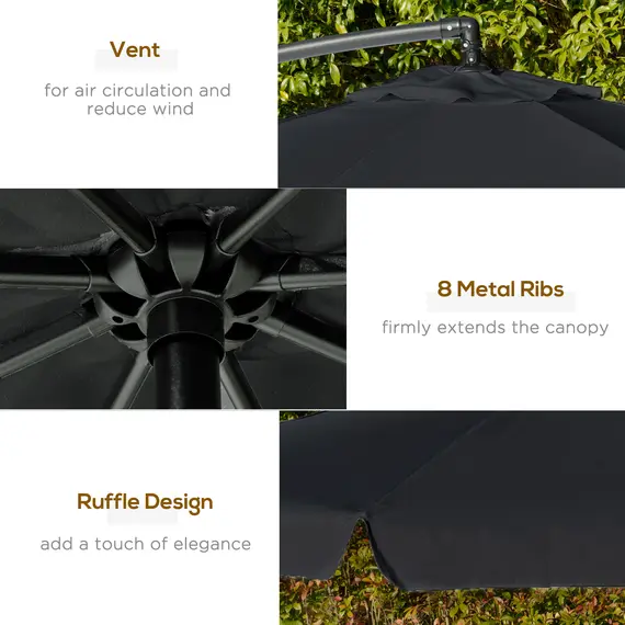 Buy 2.7m Garden Banana Parasol Cantilever Umbrella with Crank Handle and Cross Base for Outdoor, Hanging Sun Shade, Black, 5 image