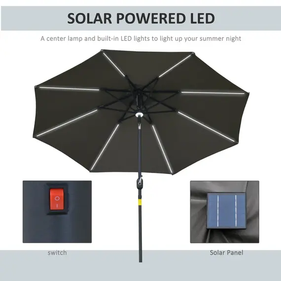 Buy 2.7m Garden Parasol Sun Umbrella w/ LED Solar Light Angled Canopy Grey, 4 image
