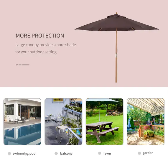 Buy 2.5m Wood Garden Parasol Sun Shade Patio Outdoor Wooden Umbrella Canopy Coffee, 6 image