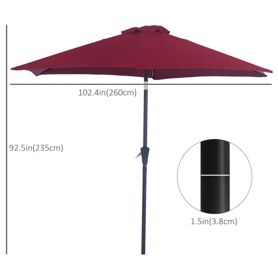 Buy 2.6M Garden Parasol Umbrella with Tilt and Crank, Outdoor Sun Parasol Sunshade Shelter with Aluminium Frame, Wine Red, 3 image