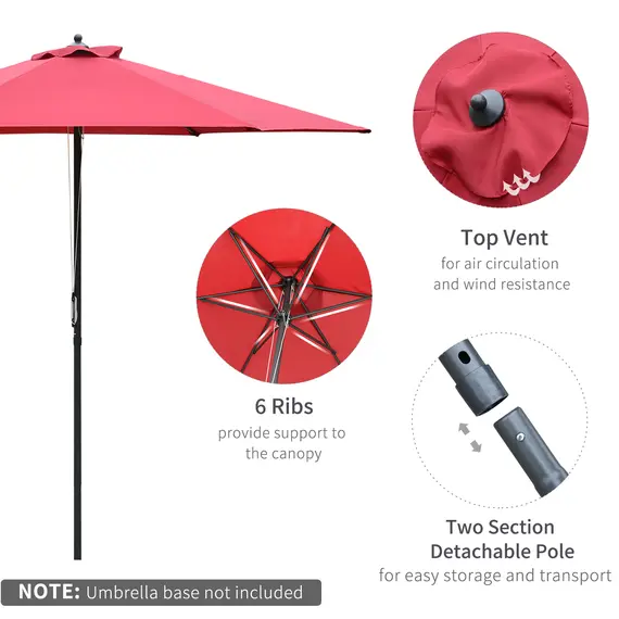 Buy 2.8m Garden Parasol Umbrella, Round Outdoor Market Table Umbrella Sun Shade Canopy, Wine Red, 4 image