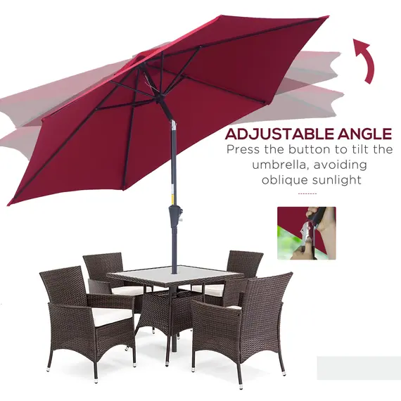 Buy 2.6M Garden Parasol Umbrella with Tilt and Crank, Outdoor Sun Parasol Sunshade Shelter with Aluminium Frame, Wine Red, 5 image