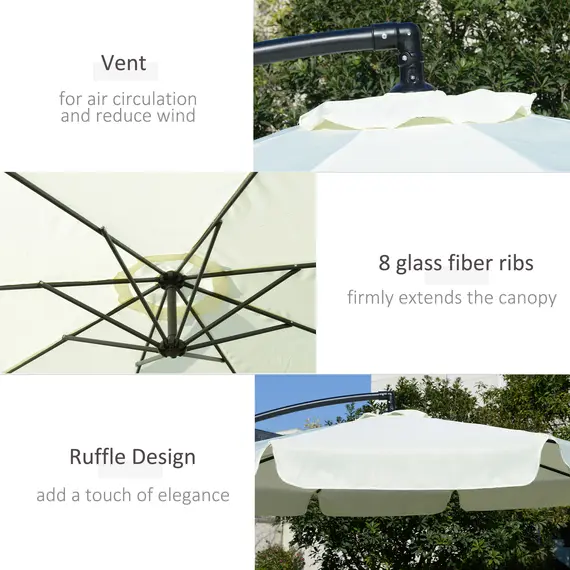 Buy 2.7m Garden Banana Parasol Cantilever Umbrella with Crank Handle and Cross Base for Outdoor, Hanging Sun Shade, Cream White, 6 image