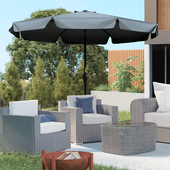 Buy 2.7m Patio Parasol Garden Umbrellas Outdoor Sun Shade Table Umbrella with Tilt, Crank, 8 Ribs, Ruffles, Grey, 2 image