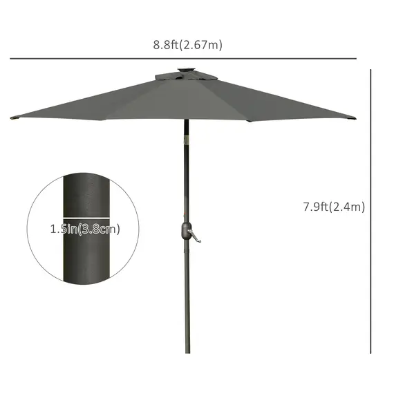 Buy 2.7m Patio Garden Umbrella Outdoor Parasol with Tilt Crank and 24 LEDs Lights (Grey), 3 image