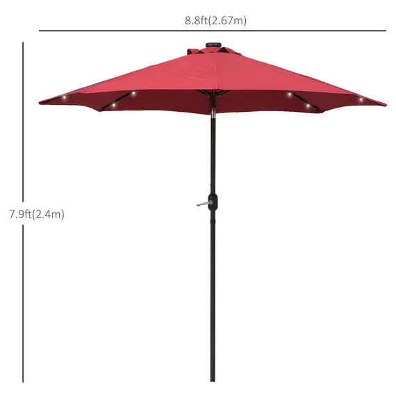 Buy 2.7m Patio Garden Umbrella Outdoor Parasol with Tilt Crank and 24 LEDs Lights (Red), 3 image