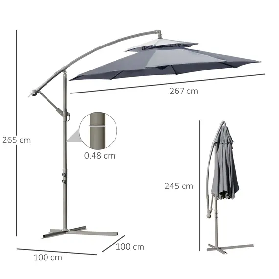 Buy 2.7m Garden Banana Parasol Cantilever Umbrella with Crank Handle, Double Tier Canopy and Cross Base for Outdoor, Hanging Sun Shade, Dark Grey, 3 image