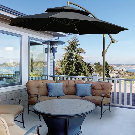 Buy 2.7m Banana Parasol Cantilever Umbrella with Crank Handle, Double Tier Canopy and Cross Base for Outdoor, Hanging Sun Shade, Black, 2 image