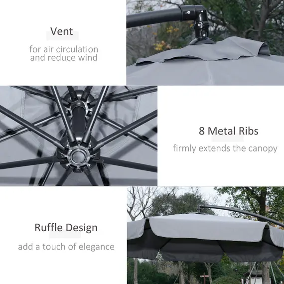 Buy 2.7m Garden Banana Parasol Cantilever Umbrella with Crank Handle and Cross Base for Outdoor, Hanging Sun Shade, Dark Grey, 6 image