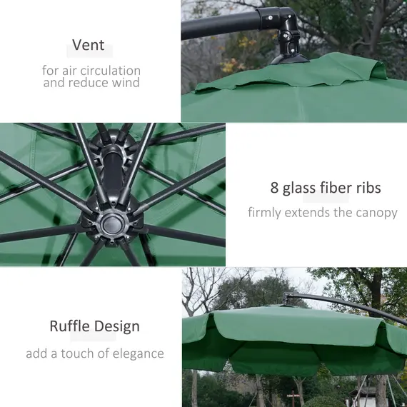 Buy 2.7m Garden Parasol Cantilever Umbrella with Crank Handle and Cross Base for Outdoor, Hanging Sun Shade, Green, 6 image